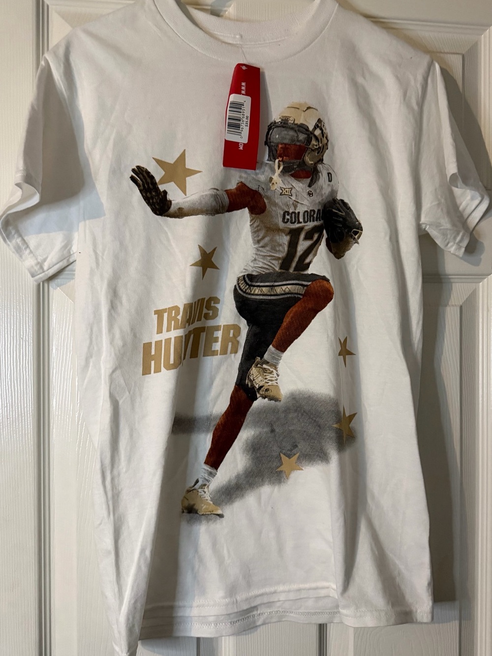 Travis Hunter White Graphic Football Tee with Gold Stars